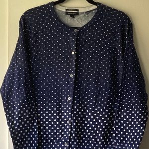 Lands End Navy/White Polka Dot Cardigan. Size L.